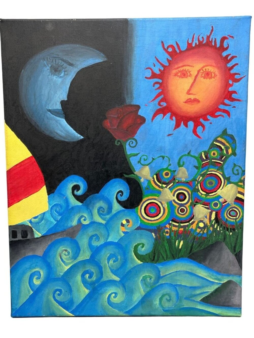 canvas painting fantasy abstract sun moon waves blue black rose bells boat READ